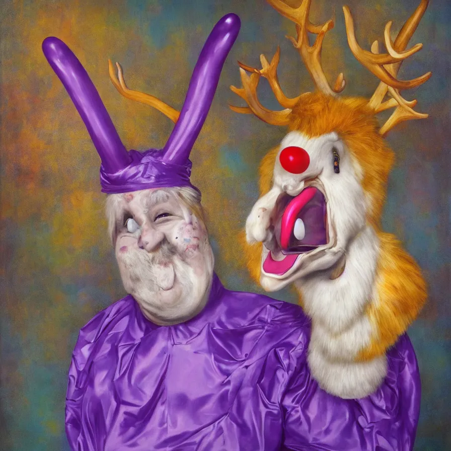 Image similar to rare hyper realistic portrait painting by british masters, studio lighting, brightly lit purple room, a blue rubber ducky with antlers laughing at a giant laughing rabbit with a clown mask