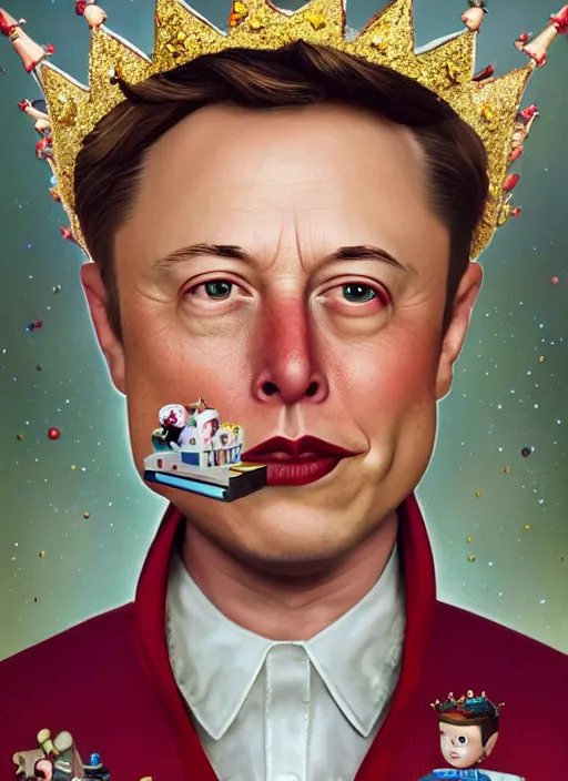 Image similar to closeup face profile portrait of tin toy elon musk as a fairytale prince wearing a crown eating cakes, depth of field, zeiss lens, detailed, symmetrical, centered, fashion photoshoot, by nicoletta ceccoli, mark ryden, lostfish, breathtaking, 8 k resolution, extremely detailed, beautiful, establishing shot, artistic, hyperrealistic, octane render