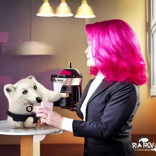 Image similar to captain janeway sharing coffee with a robotic fox with pink hair, inside a french cafe, real life photo, hdr 8 k advertising photography, studio lighting