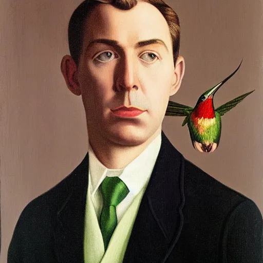 Image similar to Self-Portrait with Thorn Necklace and Hummingbird by Rene Magritte