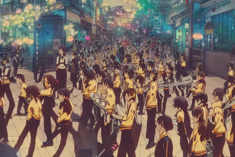 Prompt: anime key visual of a marching band in the middle of a fantasy city in the style of studio ghibli, moebius, makoto shinkai, dramatic volumetric lighting