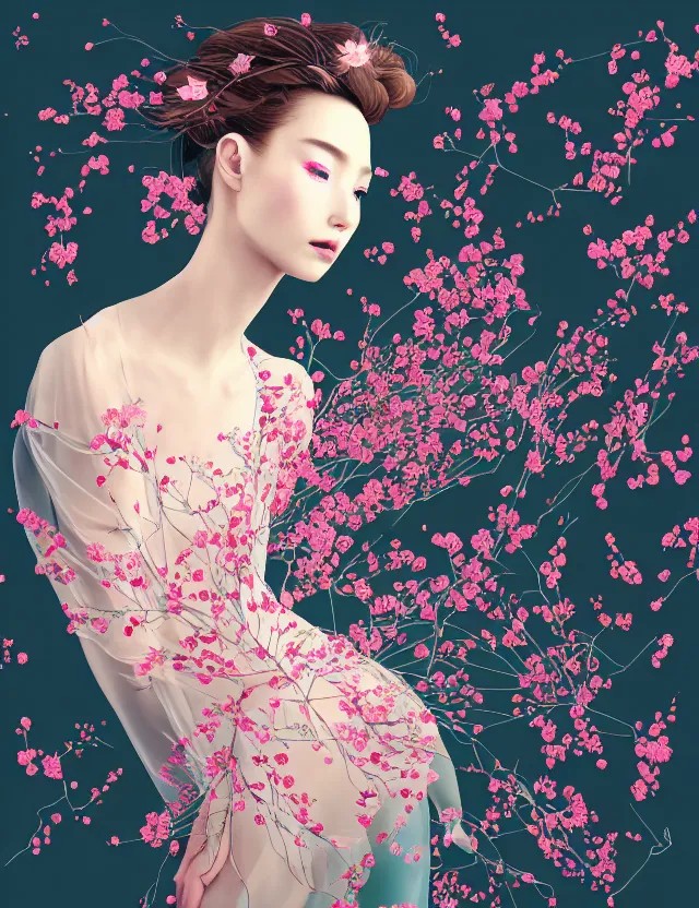 Image similar to fashionable illustration of a beautiful girl in a transparent dress, medium shot at eye level, delicate floral ornaments on fabric and hair, bright small birds, elegant, eiko ishioka, givenchy, peter murbacher, in the center, beautiful colors, origami, fashion, detailed, playful, dreamy, fashionable, japanese, real character creator, dynamic lighting