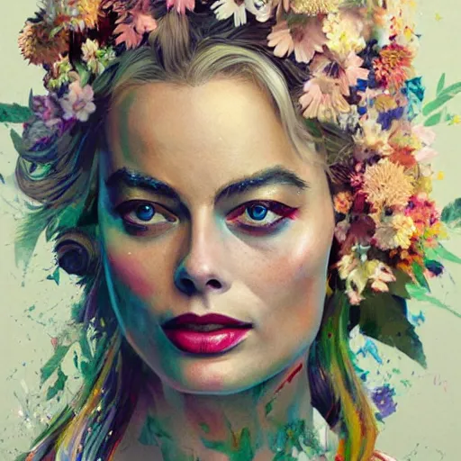 Image similar to painting of margot robbie dressed with flowers, illustration, artistic, colorful, hyper detailed, in the style of Greg Rutkowski