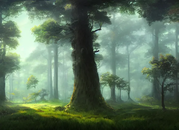 Prompt: A painting of a forest with lots of trees, a matte painting by Makoto Shinkai, Deviantart, fantasy art, matte painting, official art, Cryengine
