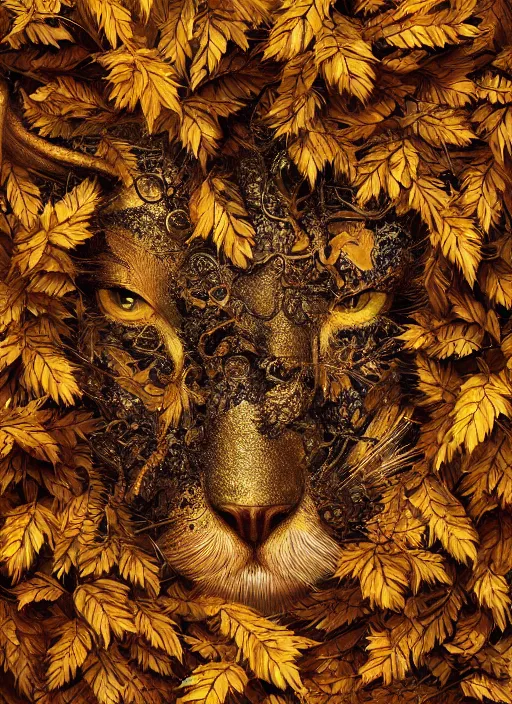 Image similar to golden leaves at frame border, creative!!! composition for a book cover, absurdly beautiful, ultrafine hyperrealistic detailed animal face by wlop and artgerm and greg rutkowski, intricate linework, sharp focus, smooth, octopath traveler, final fantasy, unreal engine, dramatic lighting, ethereal, 8 k