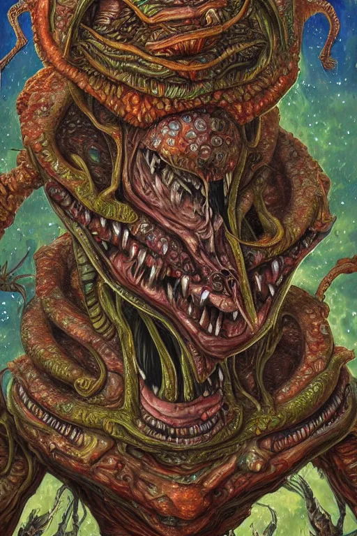 Image similar to a hyper - detailed painting of a deformed alien with various eyes, legs and arms, with skin with scales and strange textures, his mouth is open and they are screaming, from his mouth come out various chaotic monsters seeking revenge on evil humans and enslaving aliens