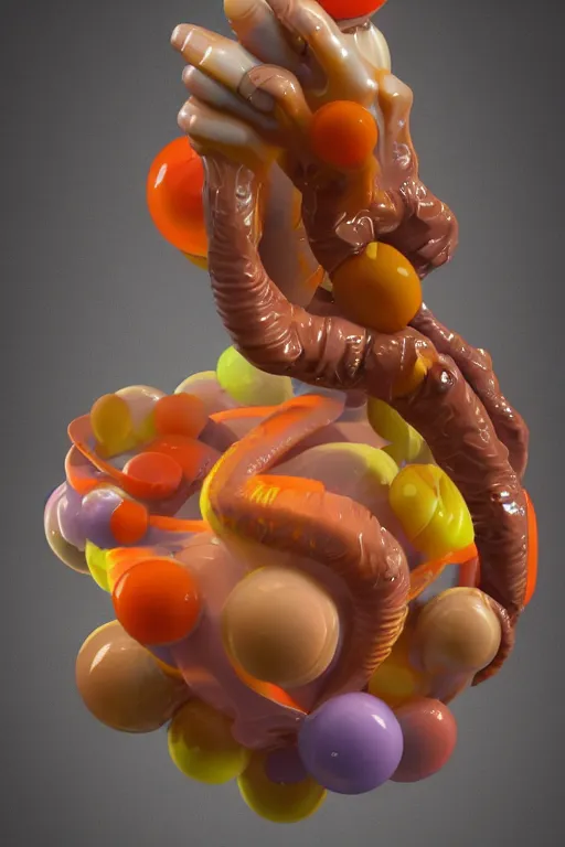 Prompt: epic 3 d abstract model, liquid hands and feet spinning, 2 0 mm, with orange, red, and pastel yellow peanut butter, melting smoothly into asymmetrical bubble bodies, liquid, delicate, beautiful, intricate, houdini sidefx, trending on artstation, by jeremy mann and ilya kuvshinov, jamie hewlett and ayami kojima