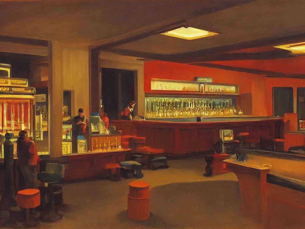 Image similar to interior view of an empty bar in the 70s with a jukebox at night, ultra view angle view, realistic detailed painting by edward hopper