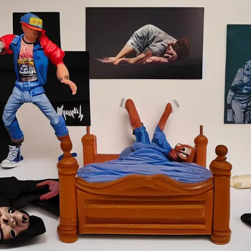 Image similar to eminem lying in tracey emin's bed, stop motion vinyl action figure, plastic, toy, butcher billy style