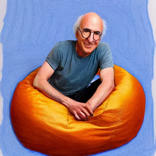 Prompt: larry david sitting on large bagel beanbag, colored-pencil sketch