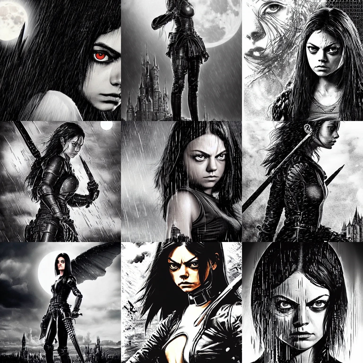 Prompt: angry mila kunus, wearing rain soaked armour in heavy rain, incredibly fine detailed portrait, battle angel alita, black and white, red tints, dynamic angle, pencil and ink manga, elegant, full body profile, far way wide angle 3 5 mm camera shot, highly detailed, dramatic full moon lighting, gothic castle prodominently in the background, movie cover