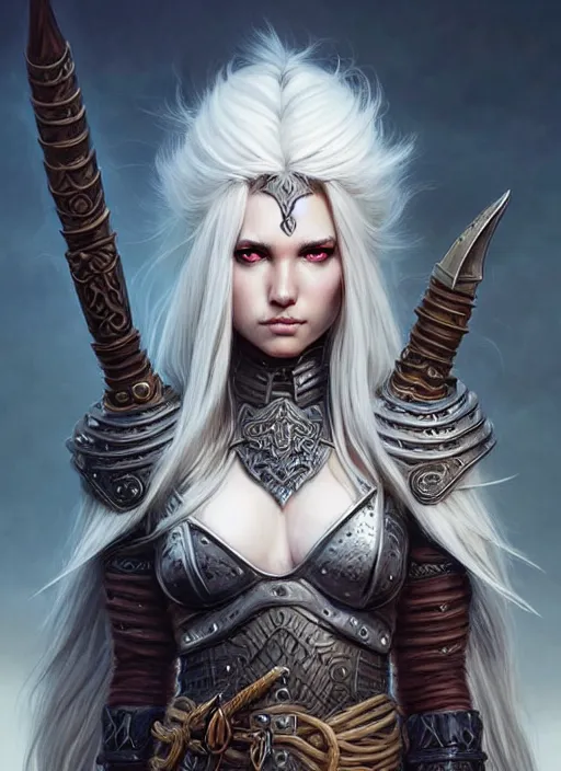 Image similar to barbarian, plated armor!!! long wild white hair!! fantasy, d & d, intricate ornate details, digital painting, beautiful eyes!, pretty face!!, symmetry, concept art, sharp focus, illustration, art by artgerm! greg rutkowski magali villeneuve wlop! ilya kuvshinov!!, octane render