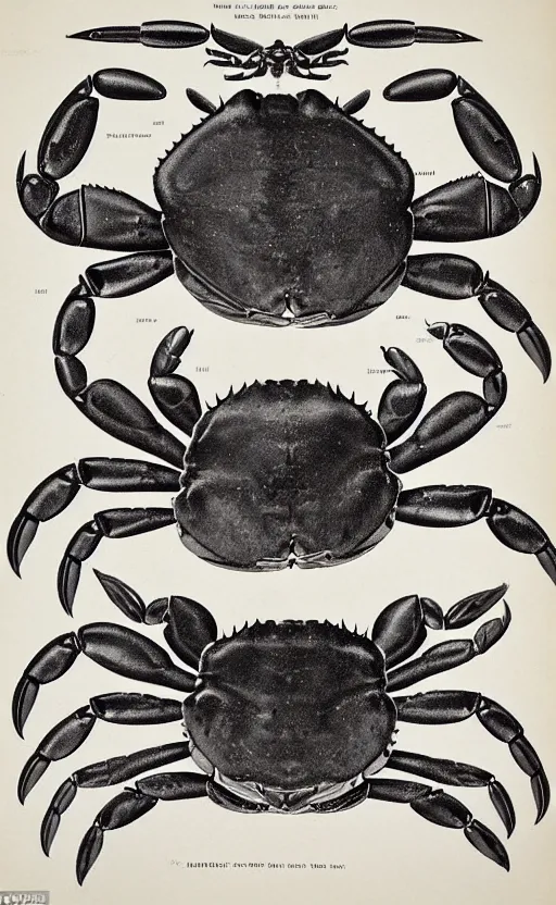 Image similar to a page of crab anatomy atlas, 1 9 0 0 s, highly detailed