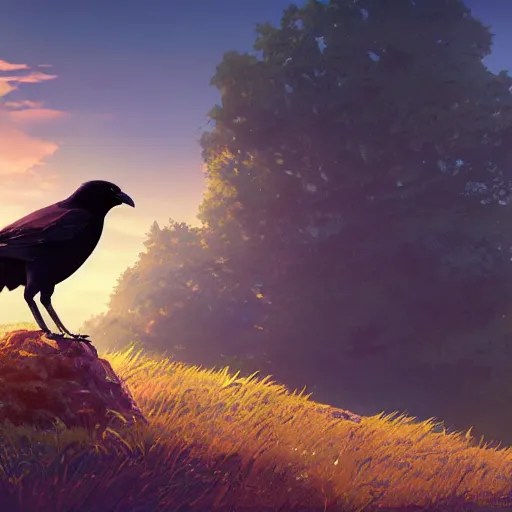 Prompt: a wholesome animation key shot of a crow on a hill, portrait shot, studio ghibli, pixar and disney animation, sharp, rendered in unreal engine 5, anime key art by greg rutkowski, bloom, dramatic lighting