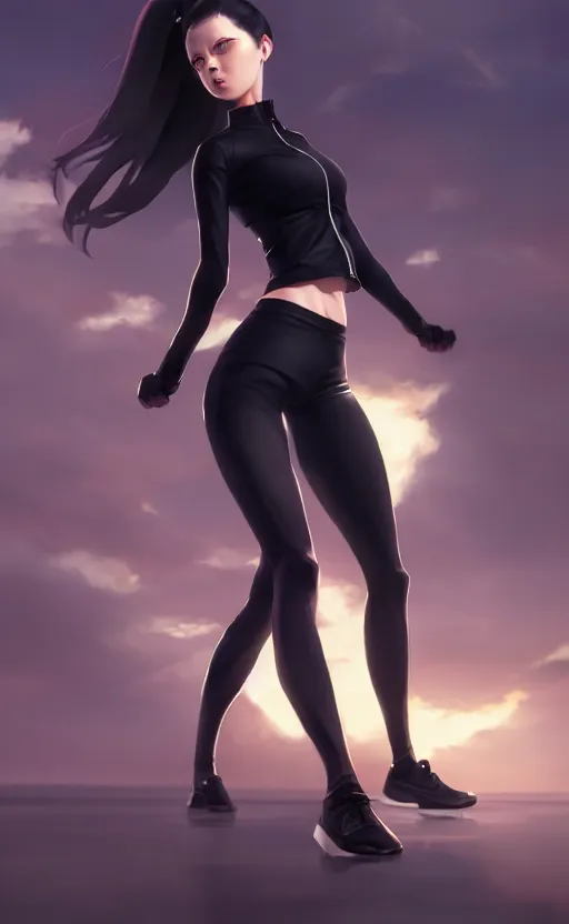 Prompt: black ponytail hair, pale woman in a black unzipped jacket, black shorts, by artgerm, beautiful render, matte painting, realistic, dynamic angle, wlop, loish, octane render, sharp focus, by greg rutkowski makoto shinkai