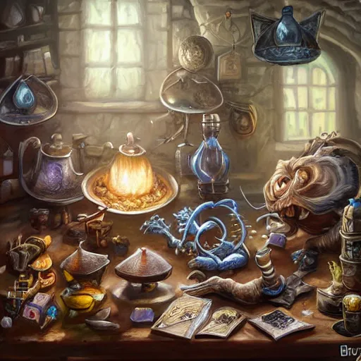 Image similar to hyper realistic, tony sart, table, wizards laboratory, mortar, pestle, scales, magic book, beaker, energy