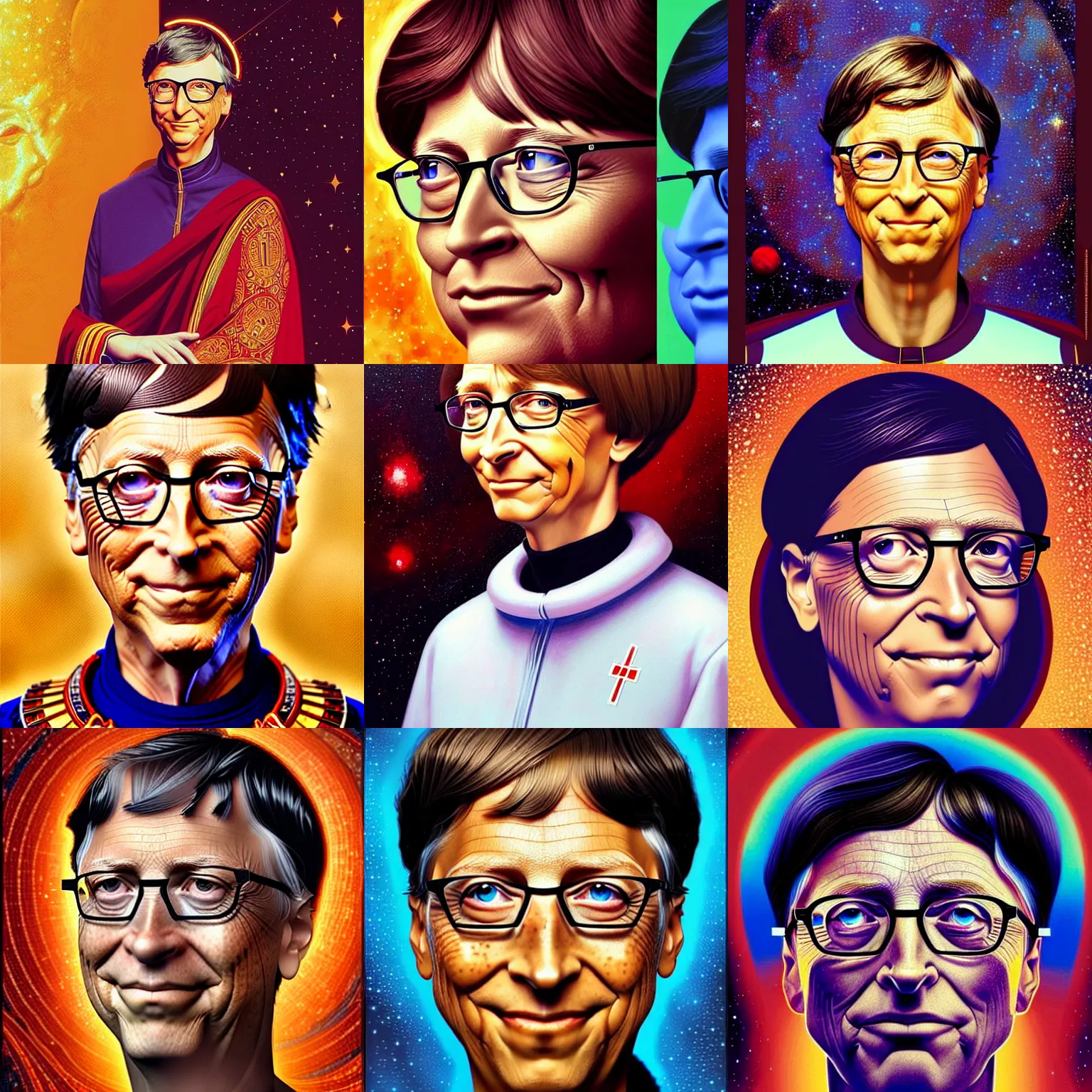 Prompt: a bill gates, a space empress in byzantine style. beautiful highly detailed face, painting by ilya kuvshinov