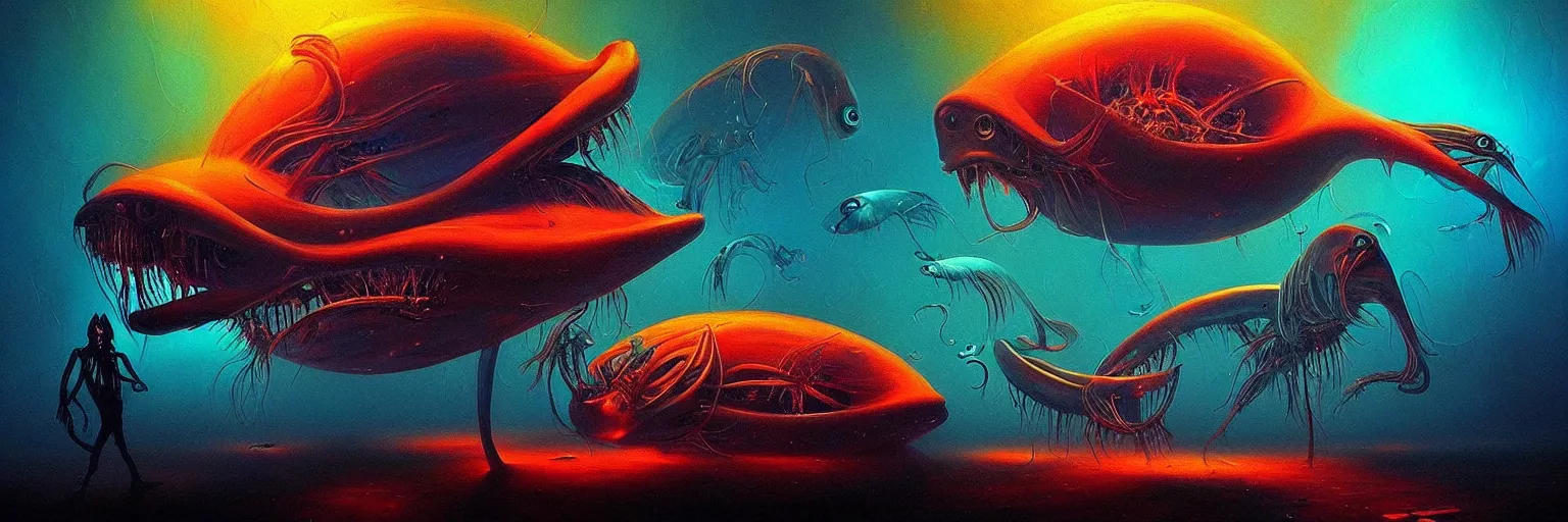 Image similar to strange alien fish creatures from the depths of the collective unconscious, dramatic lighting, surreal darkly colorful painting by ronny khalil