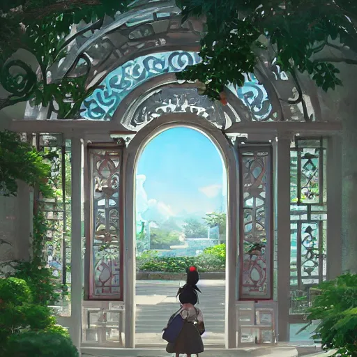 Image similar to circular gate in a white wall, leading to a garden. chinese architecture. fantasy. detailed. smooth. sharp focus. trending on arstation. cgsociety masterpiece, by rossdraws, ghibli, kimi no na wa, greg rutkowski, simon stalberg, greg manchess