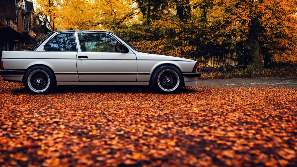 Image similar to a rear shot of a modified bmw e 3 0 driving through autumn leaves, motion blur, 3 5 mm photography, car photography, clean lines, realistic