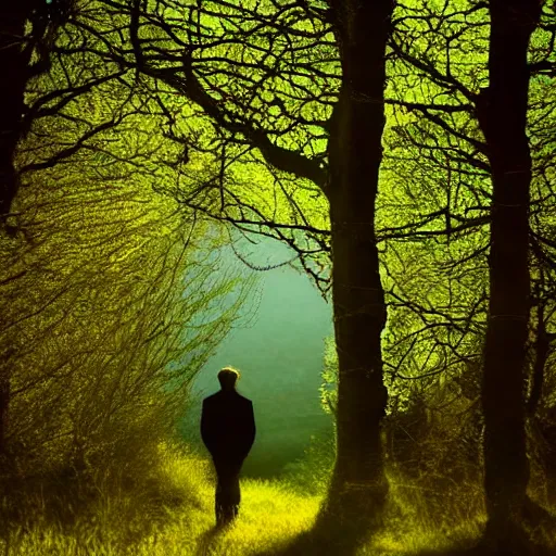 Prompt: solitude wicklow dublin country side starlight nighttime big green trees forrest guardian angel sun breaking through the branches shining on one man crying in the woods and screaming for help