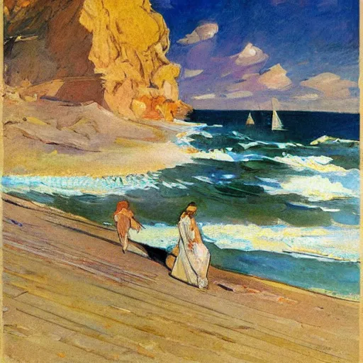 Image similar to she sells seashells by the sea, by moebius and joaquin sorolla