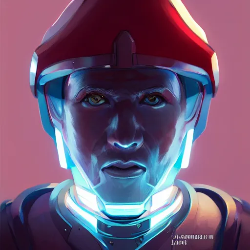 Image similar to Portrait of a futuristic general, LED helm, strong chin, lots of gallons on his jacket, mattepainting concept Blizzard pixar maya engine on stylized background splash comics global illumination lighting artstation lois van baarle, ilya kuvshinov, rossdraws