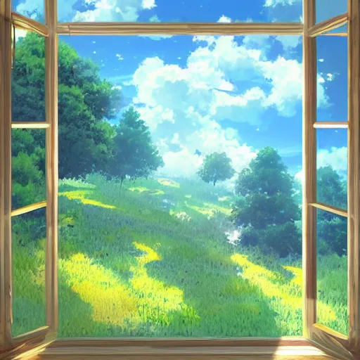 Prompt: a heavenly dream view from the interior of my cozy meadow of dream power-lines from a Makoto Shinkai oil on canvas inspired pixiv dreamy scenery art majestic fantasy scenery cozy window frame fantasy pixiv scenery art inspired by magical fantasy exterior