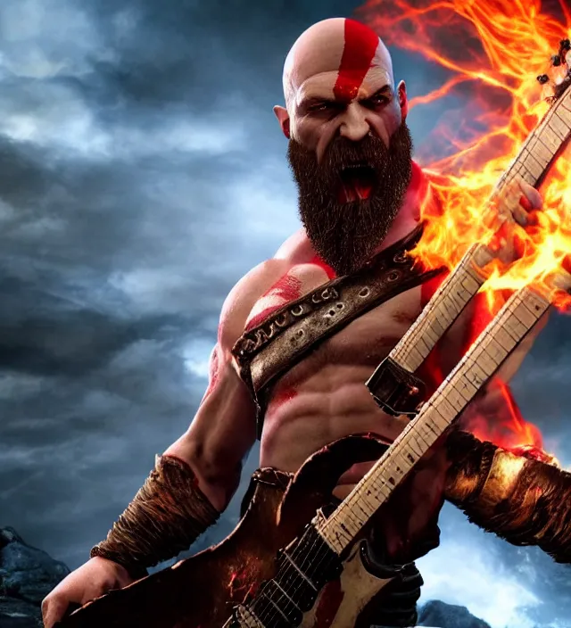 Image similar to kratos shredding on a flaming stratocaster guitar, cinematic render, god of war 2 0 1 8, santa monica studio official media, lightning, stripe over eye