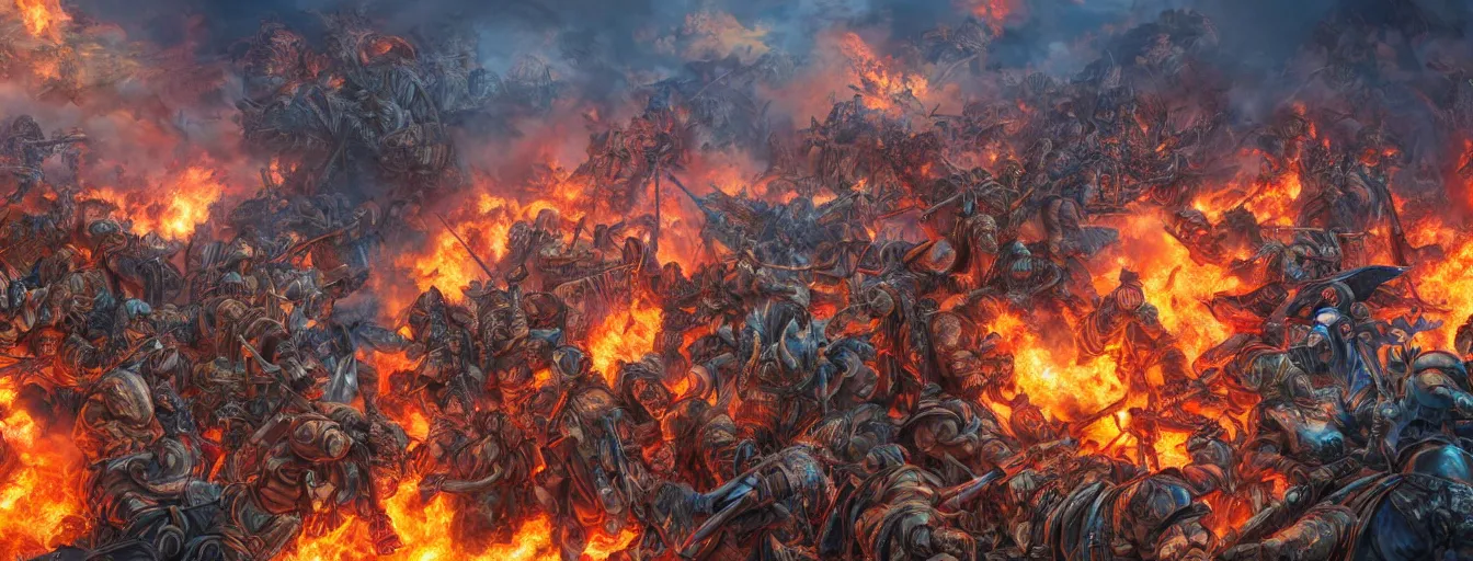 Image similar to a zoomed out panoramic view of fire spirits fighting on the battlefield of death. hyperrealistic anime background illustration by kim jung gi, colorful, extremely detailed intricate linework, smooth, super sharp focus, bright colors, high contrast, matte, octopath traveler, unreal engine 5 highly rendered, global illumination, radiant light