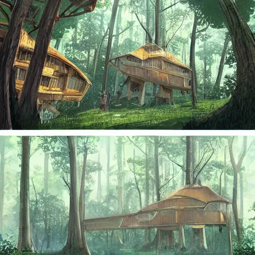 Image similar to concept art painting of treehouses made out of trees, walkways between trees, trees with doors and windows in a deep forest, realistic, detailed, cel shaded, in the style of makoto shinkai and greg rutkowski and james gurney