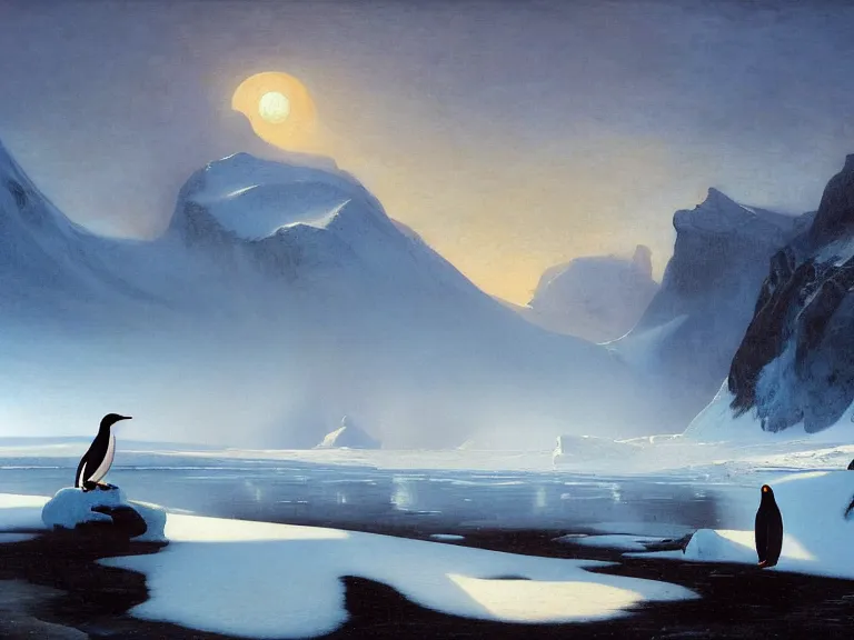 Image similar to an oil painting of a penguin next to a frozen ocean and a misty glacier at dawn. by tuomas korpi moebius and carl spitzweg. baroque elements. intricate artwork by caravaggio. oil painting. oil on canvas. award winning. dramatic. trending on artstation. 8 k