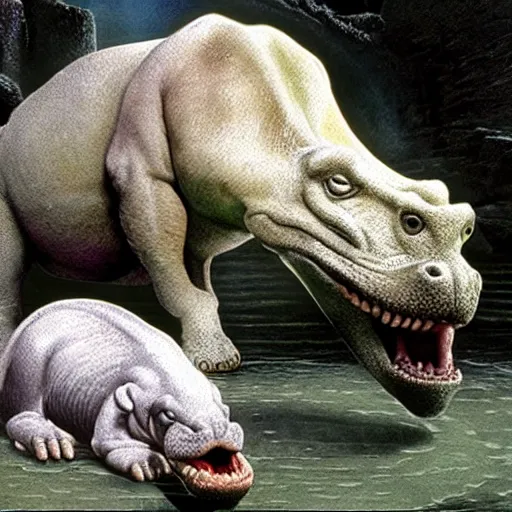 Prompt: falcor from the never ending story, eating a hippopotamus