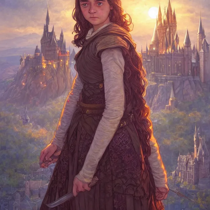 Image similar to young arya stark with hogwarts as background at sunset, highly detailed, gold filigree, romantic storybook fantasy, soft cinematic lighting, award, disney concept art watercolor illustration by mandy jurgens and alphonse mucha and alena aenami, pastel color palette, featured on artstation