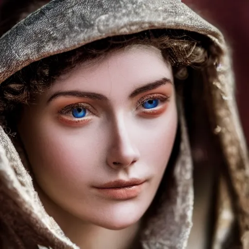 Prompt: medieval fashion model close up looking into lens 1 5 0 mm wearing clothes of the era