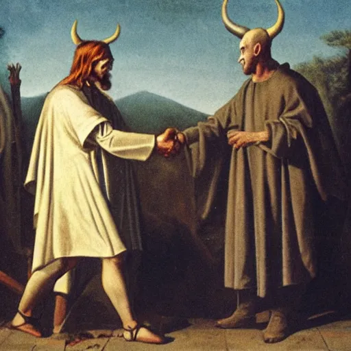 Prompt: god and the devil shaking hands