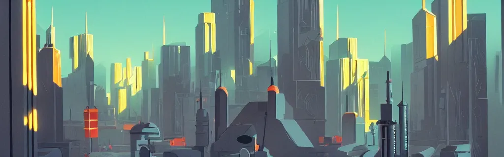 Prompt: sci - fi city street with faceted angular buildings, modernism, gouache, animated film, stylised, illustration, by eyvind earle, scott wills, genndy tartakovski, syd mead