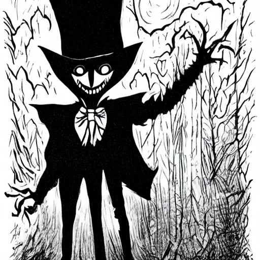 Image similar to a Pop Wonder scary horror themed goofy-hilarious-character Jack-Frost-Babadook-scarecrow-madhatter-williewonka-wearing a scarf with RED-Eyes, 3-piece-suit, dime-store-comic drawn with charcoal and pen and ink, half-tone-line-stacking