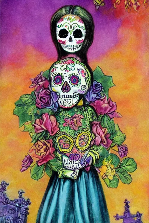 Image similar to Illustration of a sugar skull day of the dead girl, art by Arthur Hughes