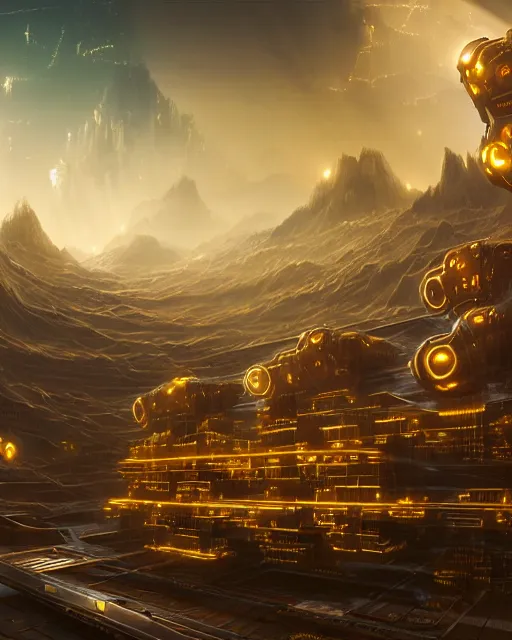 Image similar to cult of technology, exterior of scifi temple, machines, robots, ultra realistic, golden computers, highly detailed, mountains, clouds, futuristic landscape, city, atmosphere, masterpiece, epic lighting, glowing wires, mysterious, illuminated, 4 k, cinematic, art by patryk olkiewicz and chris ostrowski and liang yao