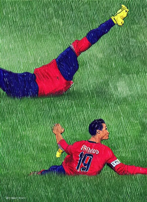 Prompt: epic cristiano ronaldo sliding across the grass after scoring a goal, hurricane rain, prism, michael whelan