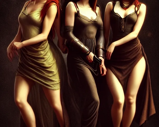 Image similar to charlie's angels with beautiful faces, in short dresses, weapons, full body, dark and mysterious, atmospheric, ominous, eerie, cinematic light, epic, 8 k 3 d, ultra detail, ultra realistic, by wlop, by mucha, by giger