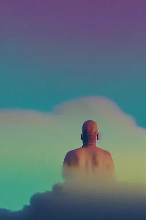 Image similar to high quality pastel coloured film close up wide angle photograph of homer simpson wearing clothing swimming on cloud furniture in a icelandic black rock environment in a partially haze filled dreamstate world. three point light, rainbow. photographic production. art directed. pastel colours. volumetric clouds. pastel gradient overlay. waves glitch artefacts. extreme facial clarity. 8 k. filmic.