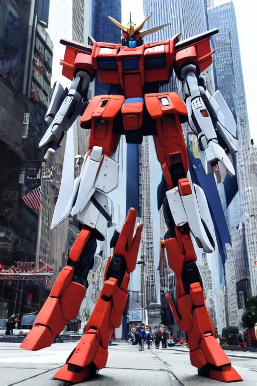 Prompt: realistic action photo of a Gundam in the middle of the New York streets