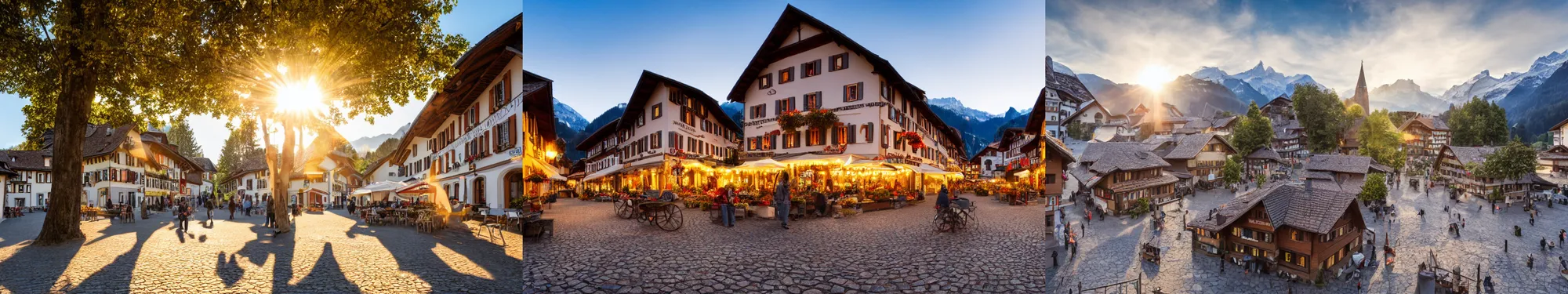Prompt: High-quality DSLR photo of the main square of a traditional Swiss village at dawn, wide angle lens, warm lighting, long shadows, beams of sunlight