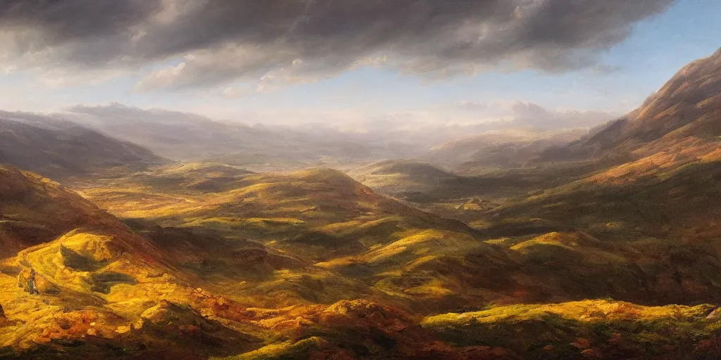 Image similar to a breathtaking landscape from a hilltop, cinematic lighting, detailed oil painting, hyperrealistic, 8k