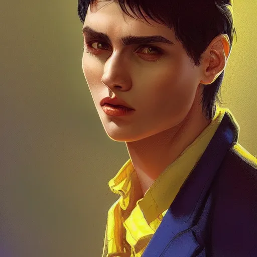 Image similar to ultra realistic illustration, a young man with black hair, in a checkered yellow shirt, with blue eyes, highly detailed, digital painting, artstation, concept art, smooth, sharp focus, illustration, art by artgerm and greg rutkowski and alphonse mucha