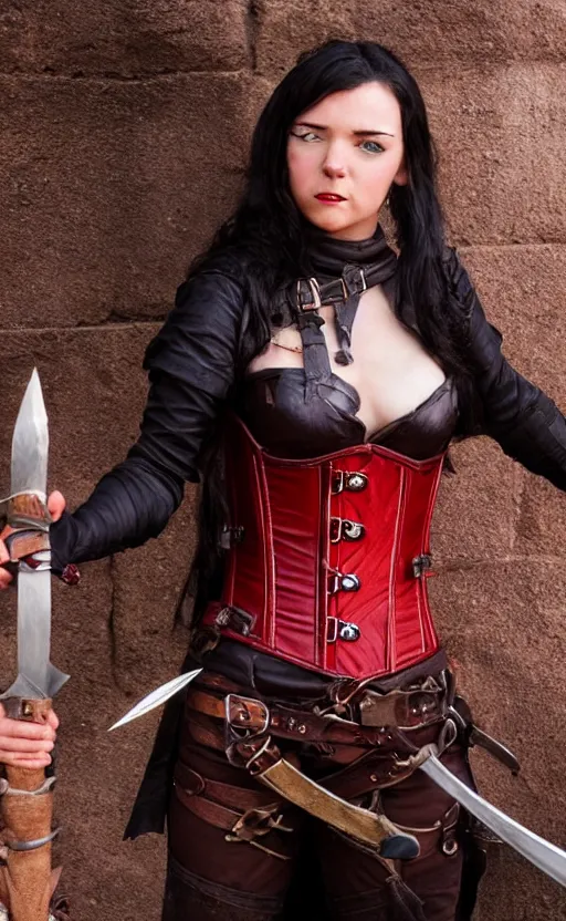 Image similar to epic fantasy action shot of a d & d female halfling rogue, black hair, red leather corset, cinematic, beautiful lighting, heroic