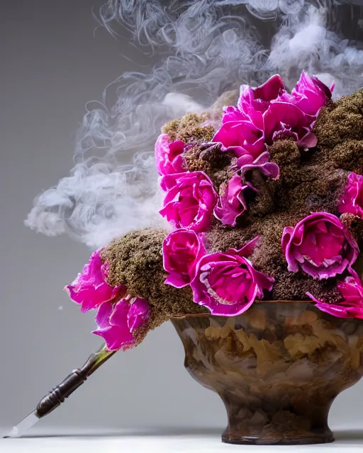 Image similar to lush and detailed, highly beautiful aesthetic award-winning ikebana flower arrangement, blossoms spontaneously shattering and breaking with powder, spray and colored smoke, sigma 35mm f/4