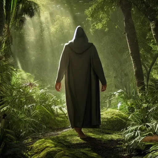 Image similar to a man wearing a long cloak and hood, walking through a lush jungle, realistic octane render, ray traced, god rays, extremely high detail